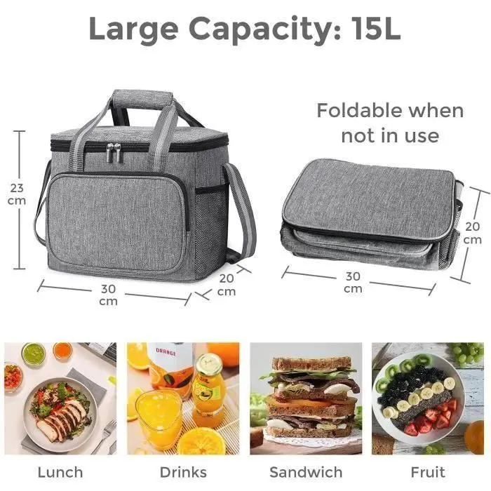 Sac Isotherme 15L, Glacière Souple Isotherme, Sac Picnic Pliable Grande Capacité Imperméable Sac Réfrigérant à Repas Gris-2