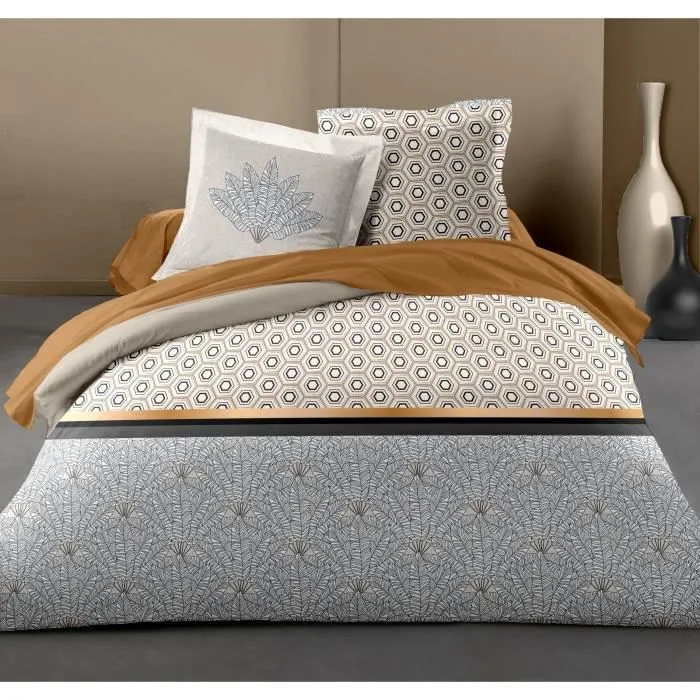 HOME LINGE PASSION Parure de couette Louxor - 1 housse de couette 240 x 260 cm + 2 taies 65 x 65 cm - Ocre et blanc-0