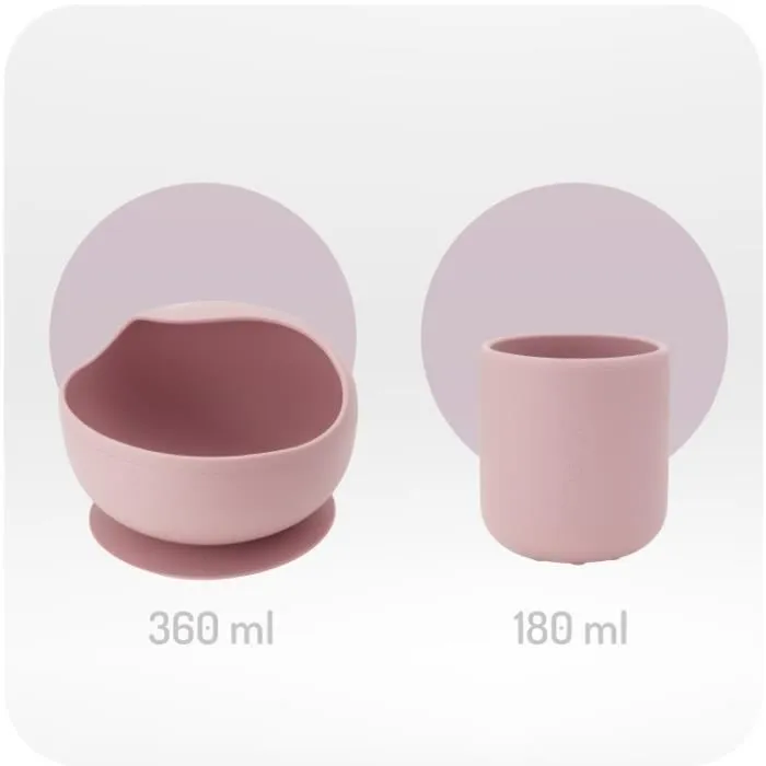 MoMi AMI - Set de vaisselle en silicone pour l’alimentation bébé - Sans BPA ni phtalates - Bois de hêtre – Rose-1