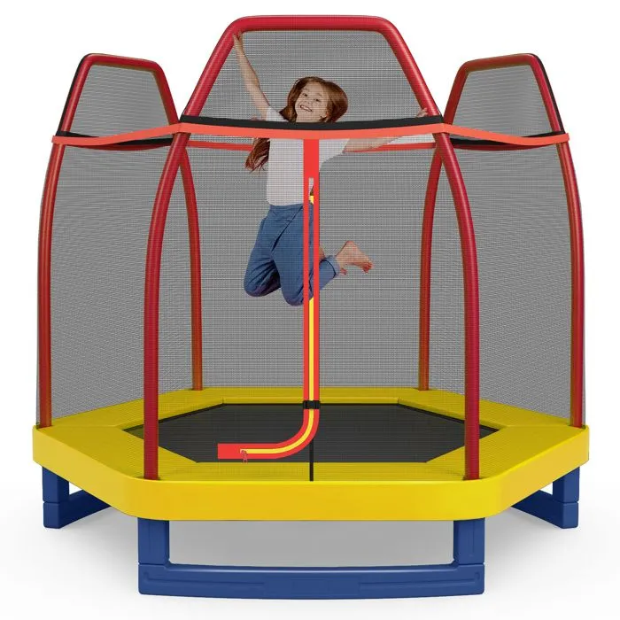 COSTWAY Trampoline Enfants 223cm avec Filet de Sécurité Respirant,36 Ressorts Protégés Tapis de Saut en Acier Galvanisé 150kg Rouge-0