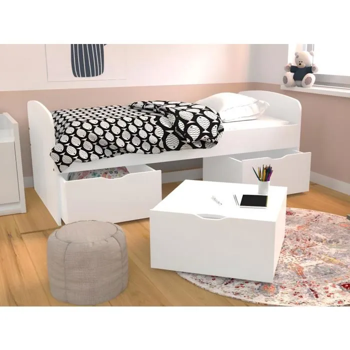 Lit MIA 90x190 + 1 sommier + 2 tiroirs + 1 coffre table basse / Blanc-2