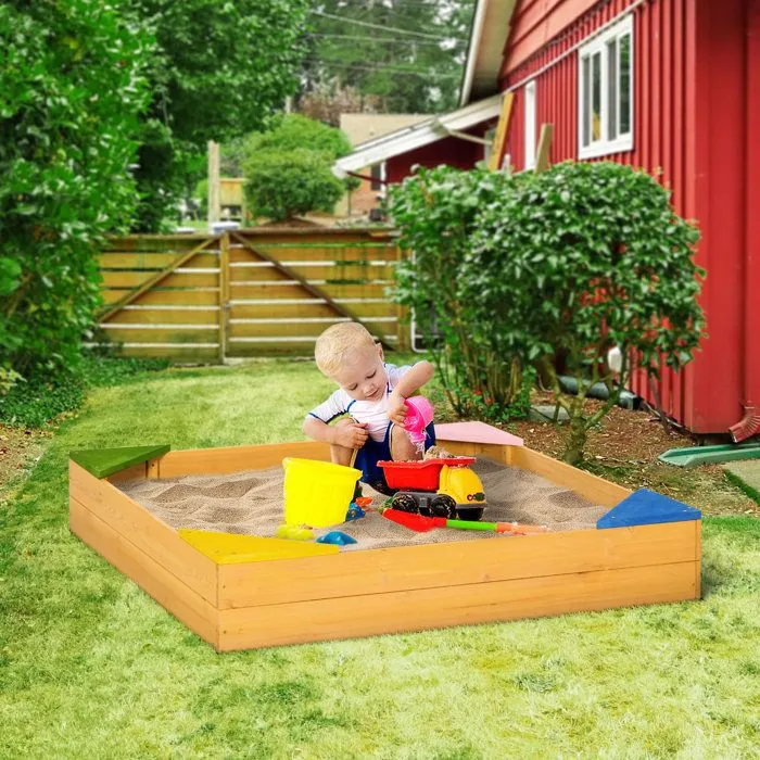 Bac à sable carré en bois pour enfants 4 assises en coin et film protection 109 x 109 x 19,8 cm bois naturel 109x109x19cm Beige-1