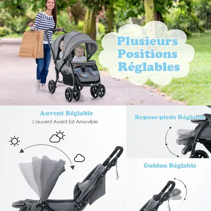 COSTWAY Poussette Double Pliable pour Jumeaux Auvent Capote Réglable Canne Landau 4 Roues Anti-chocs Harnais à 5 Points Charge 30kg-5