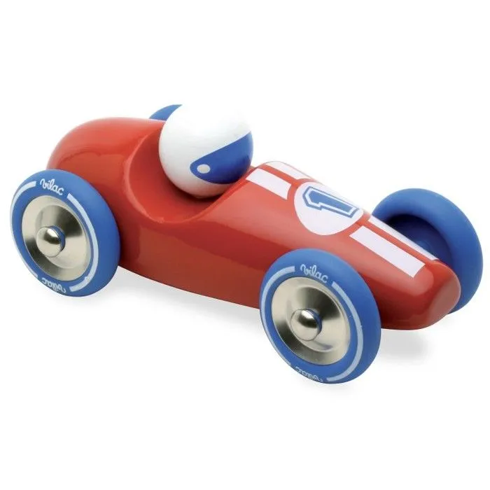 Voiture de course en bois laqué rouge VILAC - Course GM - fabriquée en France-0