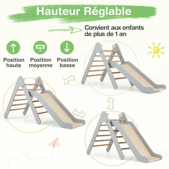 COSTWAY Toboggan Enfant 2 en 1 avec Triangle d'Escalade en Bois Massif, Pente de Toboggan Réglable, pour 1 An +, Charge 60 KG Gris-1