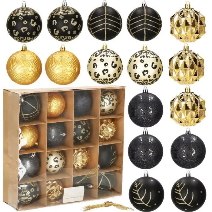 Décorations de sapin de Noël - SPRINGOS - 16 pcs. boules d'arbre ornements - or/noir-2