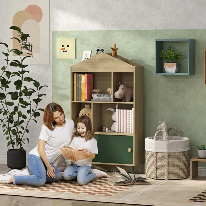 Bibliothèque et meuble de rangement - AIYAPLAY - jouets pour enfants, 4 étagères et placard porte coulissante, design - vert-1