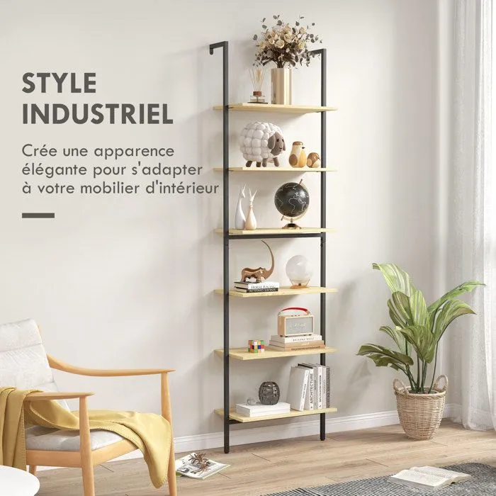 Étagère échelle bibliothèque style industriel H206 cm 6 étagères acier noir panneaux aspect bois clair-4
