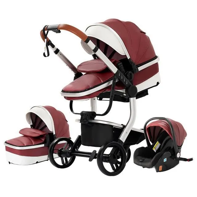 Bebeboutik Poussette 3 en 1 Bebe Combinee Siege Auto Nacelle Trio Reversible cuir pu Roues increvables Canne rouge bazarland30