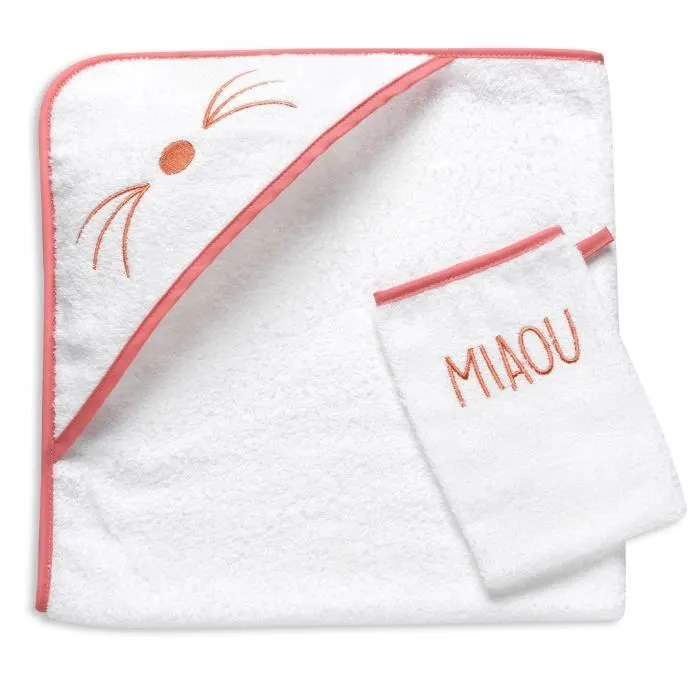 Set de bain chat rose pour bébé - FORMULA BABY - 100% coton - Cape de bain 75x75cm - Gant de toilette 15x20cm-0