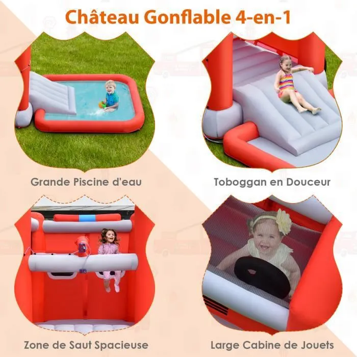 COSTWAY Toboggan Aquatique Gonflable avec Gonfleur 480W Piscine à Eclaboussures sur Thème Voiture de Pompiers Ballon de Basket-1