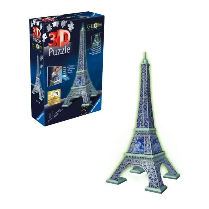 Ravensburger-Puzzle 3D Tour Eiffel phosphorescente 50 ans-Dès 10 ans-216p numérotées à assembler sans colle-Accessoires inclus-11591-0