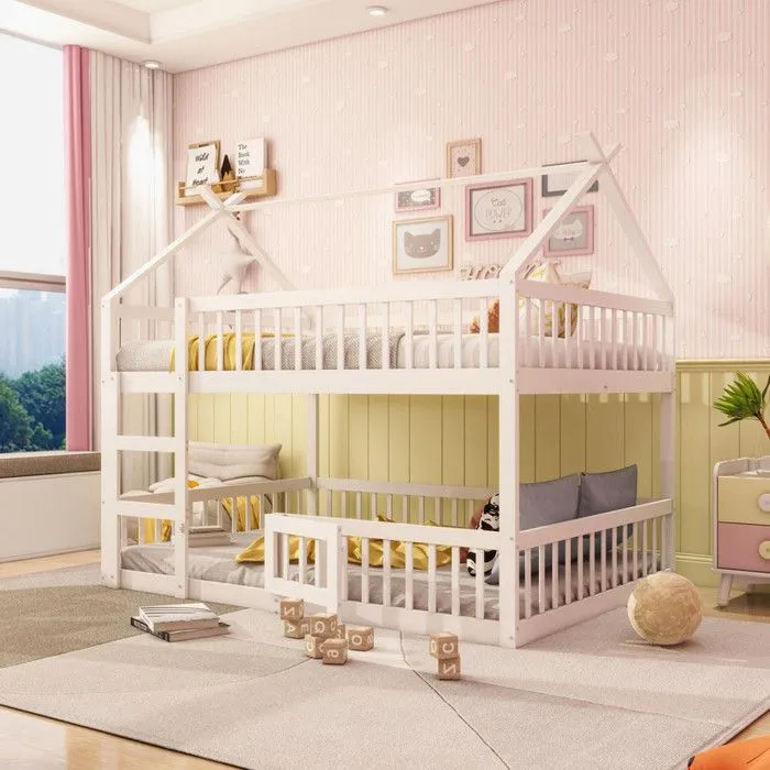 Lit superposé enfant 140x200cm - avec escalier - design loft - bois massif - blanc-2