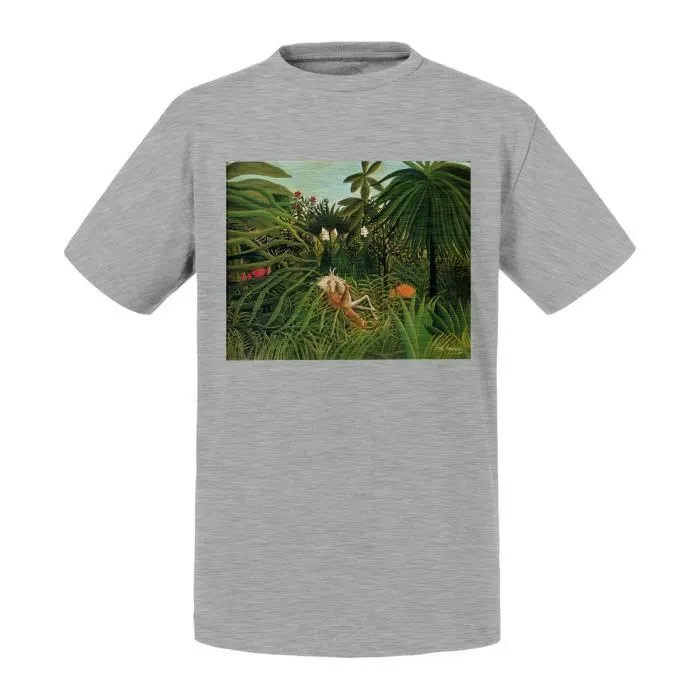 T-shirt Enfant Gris Jaguar Attaque Un Cheval Henri Rousseau Peinture Art Naif-0