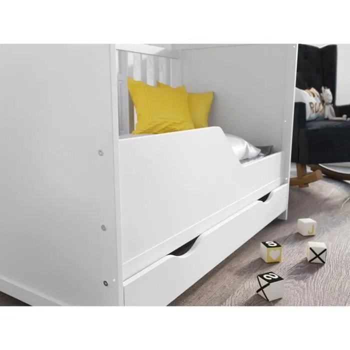 Lit Bebe Blanc 120 x 60 cm, Lit en Bois pour Enfants Lit evolutif Bebe + Barrière de sécurité-3