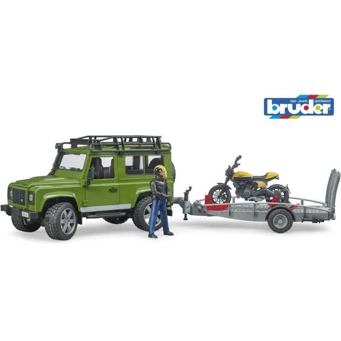 Land Rover Defender avec remorque, moto Ducati et personnage - BRUDER-0