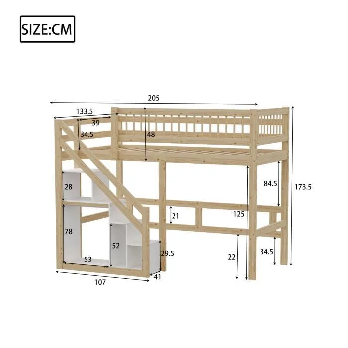 Lit mezzanine - Naturel - 90x200cm - Bois massif - Escalier avec rangement - 2 places-3