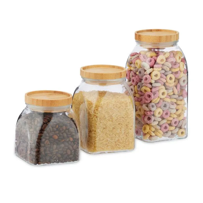 Relaxdays bocaux en verre lot de 3, 600,1000,1400 ml, pour céréales, pâtes, couvercle en bambou, transparent / nature-0