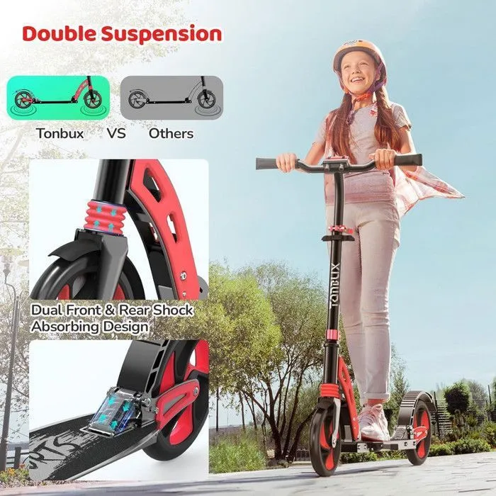 Trottinette Enfants 6 Ans+, Système de Double Suspension pour Scooter de Ville, Trottinette Réglable 82-102 cm en Hauteur, Rouge-3