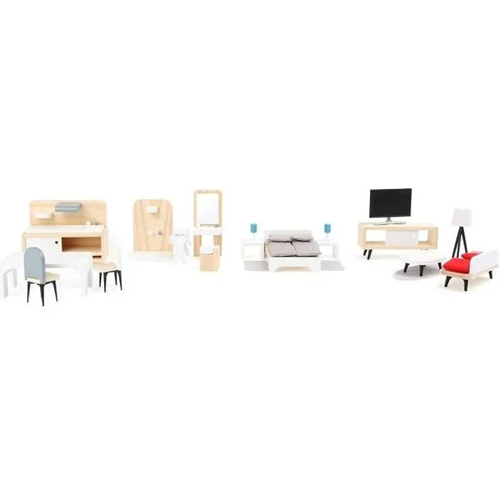Small Foot- Set Complet de Meubles de Maison de poupée, en Bois, séjour, Cuisine,Chambre et Salle de Bains,à partir de 3 Ans 2451-0
