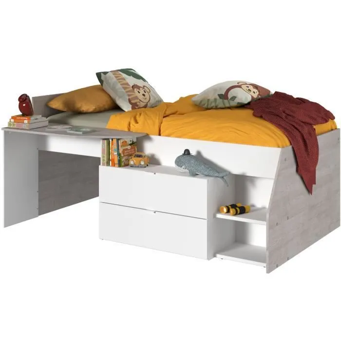 Lit combiné enfant contemporain PARISOT KIM - gris loft et blanc - l 90 x L 190 ou 200 cm-0