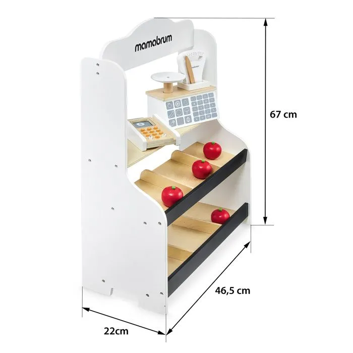 Mamabrum Marchande Enfant en bois 67 *46,5 *22 cm - Stand Vendeur Balance, Terminal avec Carte & 4 Pommes - Couleurs Ecologiques-4
