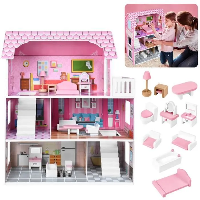 YUENFONG Maison de poupée en Bois avec Mobilier et Accessoires, Maison Barbie 70 cm de haut pour les enfants à partir de 3 ans-0