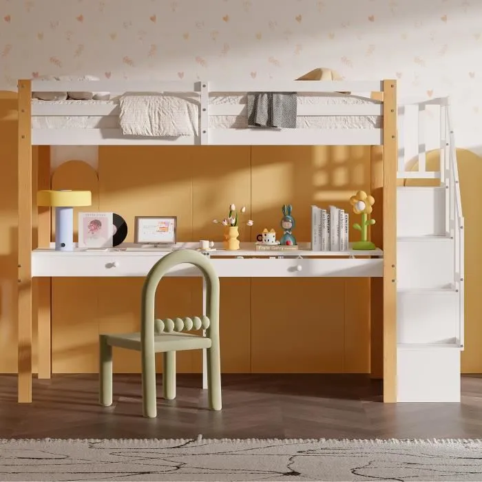 Lit mezzanine 90x200cm - lit enfant avec sommier à lattes, échelle avec étagères de rangement et bureau avec é tiroirs - Naturel-1