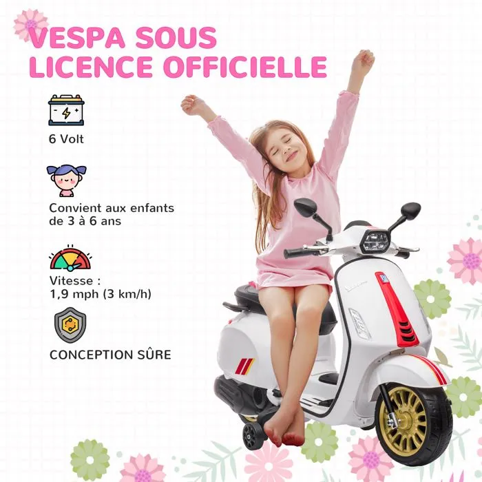 Scooter électrique enfant AIYAPLAY Vespa 6 V dim. 107L x 47l x 73H cm Musique MP3 Port USB Phare 2 roulettes, pour 3-6 ans, Blanc-4