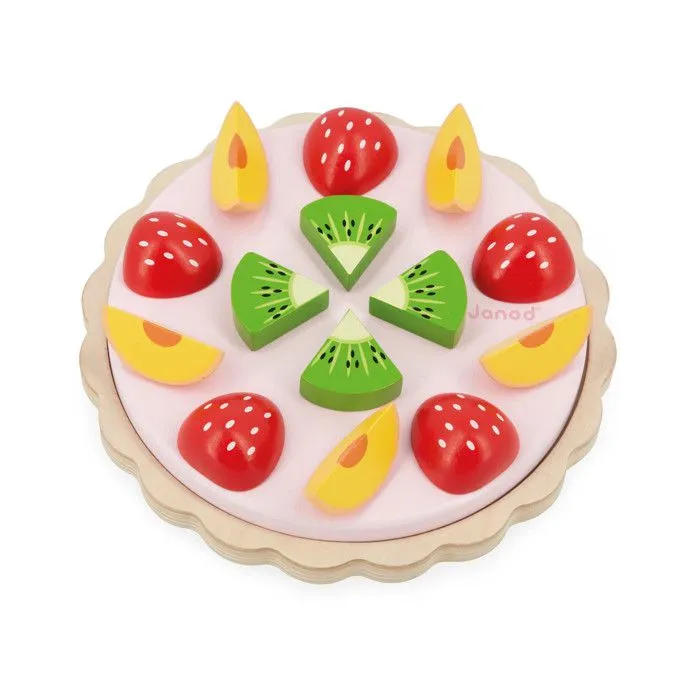 Jouet d'imitation en bois - JANOD - Tarte aux fruits - 1 fond de tarte - 5 pêches - 5 fraises - 4 kiwis-0