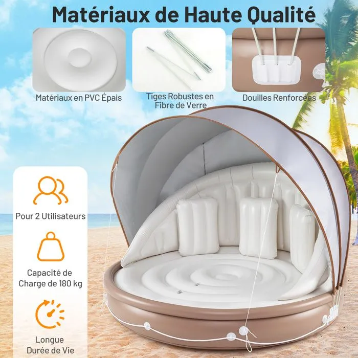 COSTWAY Matelas Gonflable À Eau Flottante avec Auvent rétractable et amovible, 3 Oreillers, 186 x 186 x 155 cm, 180KG-3