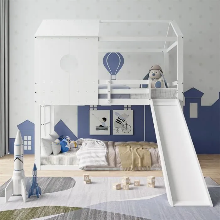 Lit superposé 90x200cm, lit cabane enfant avec échelle et toboggan, antichute, Pin + MDF, blanc-0