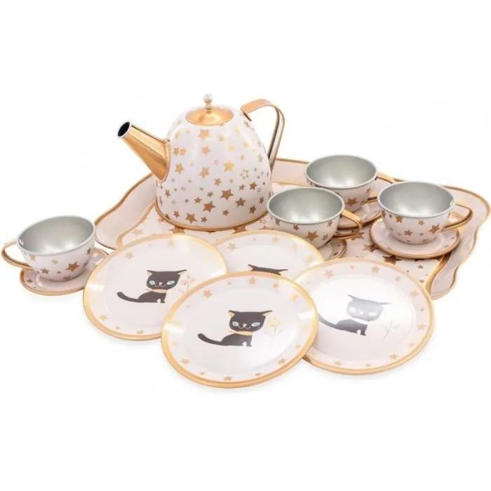 Dinette métal Chat - ULYSSE - Service à thé en métal pour enfant - Beige - Blanc, doré et gris-0