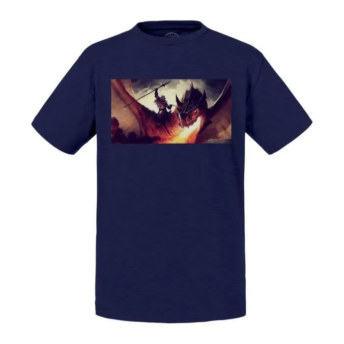 T-shirt Enfant Bleu Dragon Crache Feu Fantastique Chevalier-0