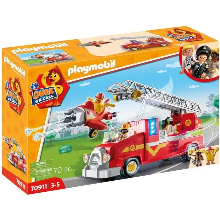 PLAYMOBIL - 70911 - DUCK ON CALL - Camion de pompier avec échelle extensible et avion détachable-0