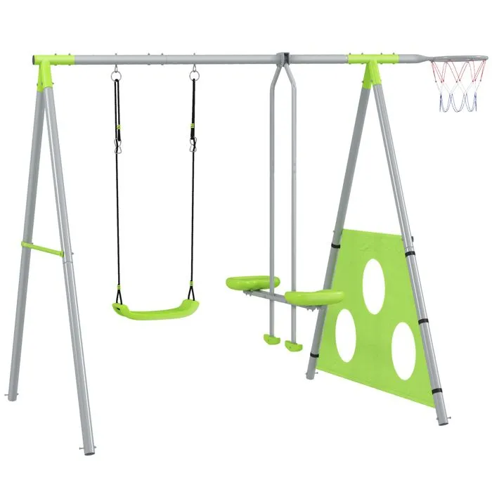 Portique balancoire enfant 4 en 1 - AIYAPLAY - sièges et face à face, panier de basket-ball et but de football, charge 135 kg - vert-0