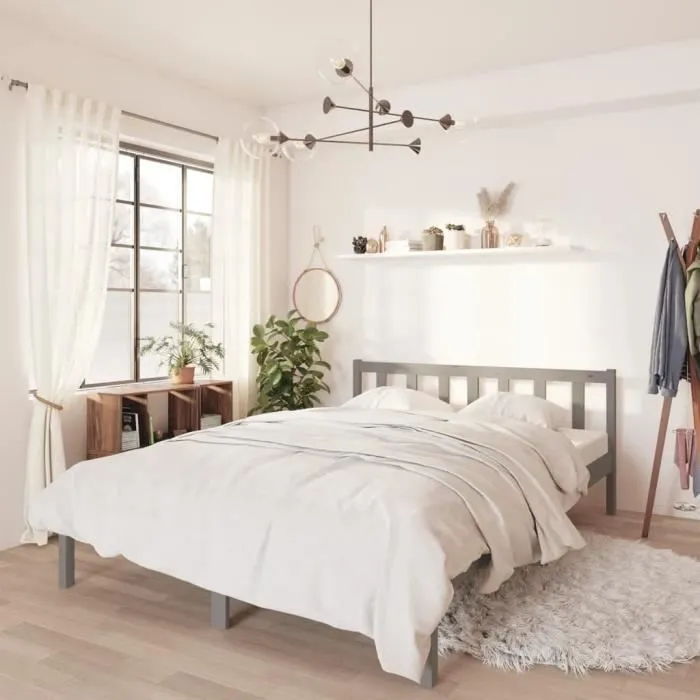 vidaXL Cadre de lit Gris Bois de pin massif 150x200 cm Très grand 810089-0
