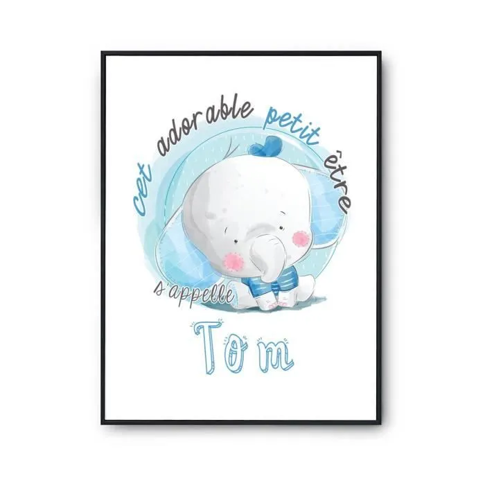 Affiche bébé prénom Tom Éléphant | Poster pour chambre bébé et enfant pour décoration murale qualité papier Premium A3-0