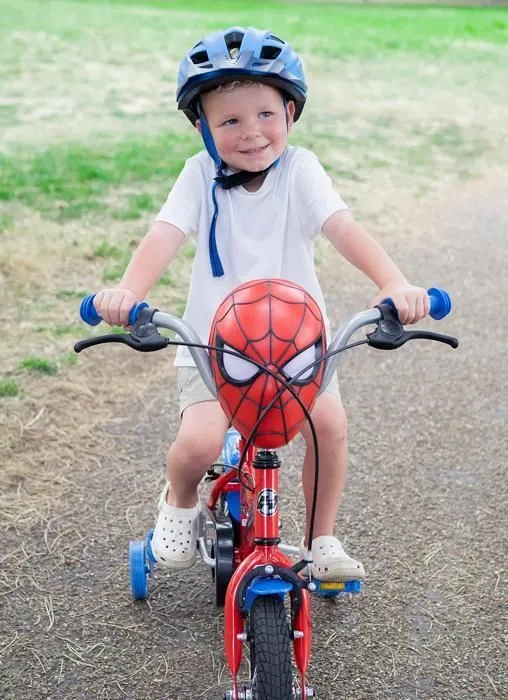 Vélo Enfant Spiderman - Roues 12" - Age 3 à 5 ans - 2 Freins - Stabilisateurs - Rouge et Bleu - Produit HUFFY-4
