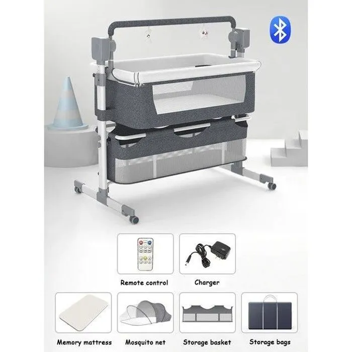 Berceau électrique multifonctionnel pour bébé, lit-balançoire 3 en 1, de voyage, avec lit de chevet respirant, de bonne qualité gris-0