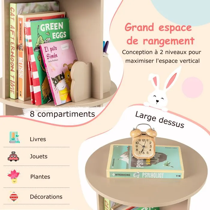 COSTWAY Bibliothèque d’Angle Ronde et Rotative pour Enfants à 2 Niveaux Étagère de Rangement Pivotante à 360° 40 x 65 cm Naturel-2