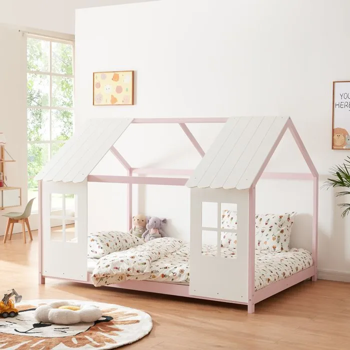 Lit cabane Tostedt pour enfant forme maison bois de pin 140 x 200 cm rose blanc [en.casa]-0