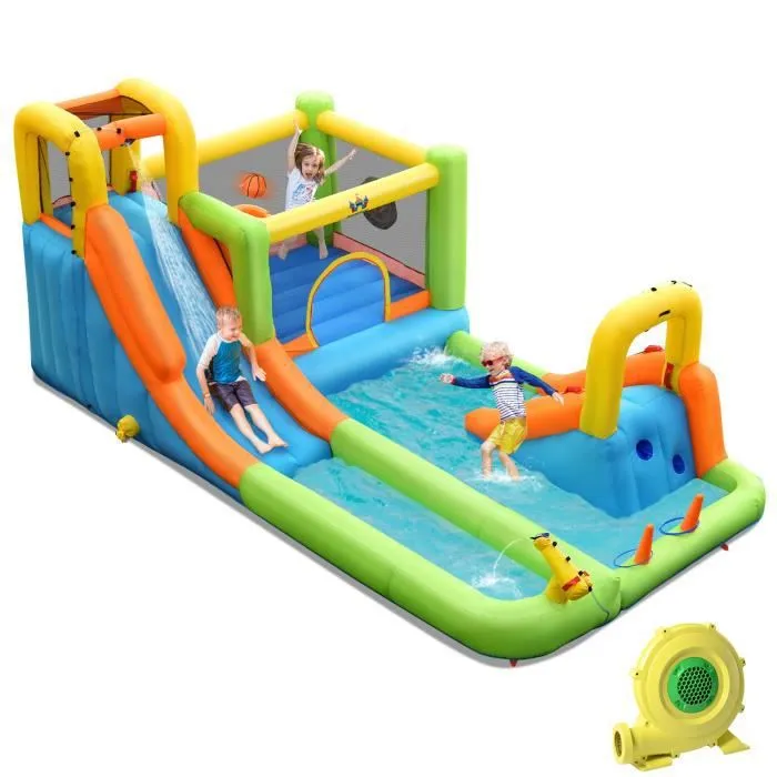 COSTWAY Aire de Jeux Gonflable avec Souffleur 680W Parc Aquatique Double Toboggans Panier de Basket, Lanceur de Points Balles Cibles-0