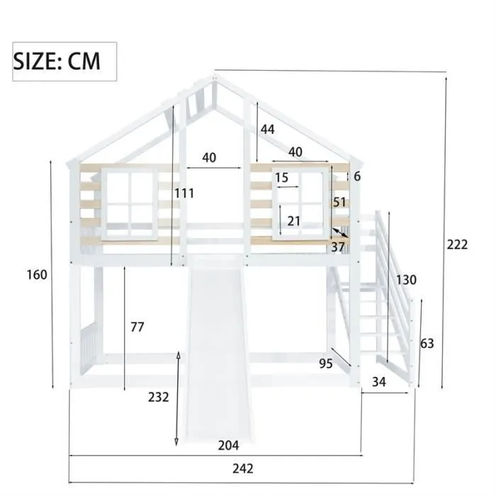 Lit superposé cabane 90x200cm bois avec toboggan et fenêtre - DREAMMESPACE - pour 2 enfants - barrière anti-chute-3