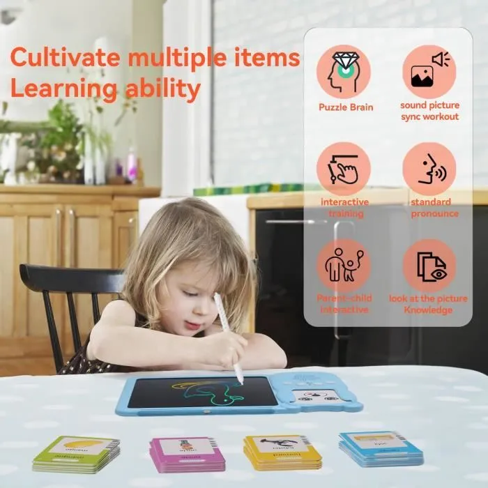 Cartes Flash parlantes - 510 mots Jeux d'apprentissage creatifs pour enfants, tablette d'écriture dessin LCD(bleu)-1