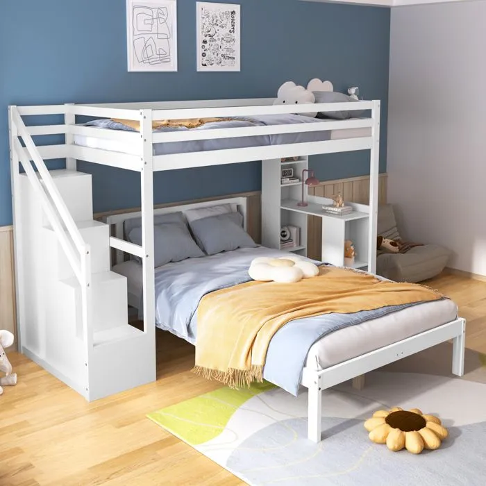 Lit superposé enfant - Blanc - 90x200 cm + 120x200 cm - Bois massif et MDF - Bureau et rangement-0