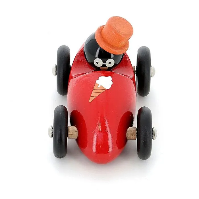Voiture en bois "Boizoos" - René le pingouin - Rouge - L 16 x l 10 x H 11 cm-1