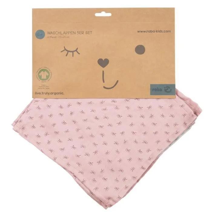 ROBA Lot de 5 Gants de Toilette Bébé "Lil Planet" 25 x 25 cm - Coton Bio - Rose/gris-3
