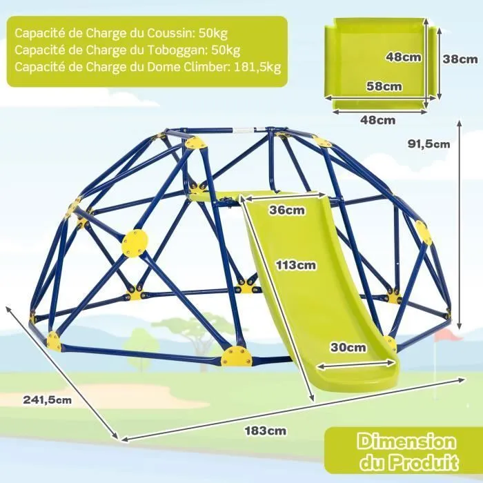 COSTWAY Dôme d'escalade avec Toboggan 241,5 x 183 x 91,5 CM, Cadre en Métal Robuste, Jouet Extérieure pour Enfants 3-10 Ans Jaune-3