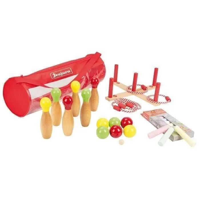 Pack de jeux d'extérieur en bois - JEUJURA - Anneaux, quilles, boules de pétanque et craies de trottoir-0